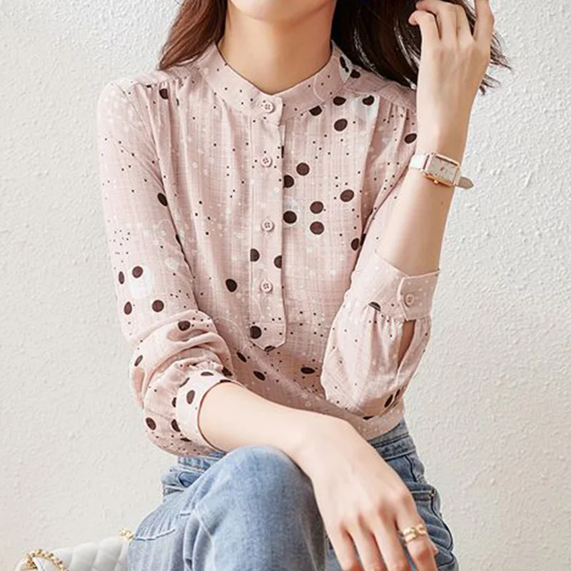 Stand Collar Polka Dot Printing Chic Shirt 2022 Spring Autumn Commute Long Sleeve Single Breasted Fashion Women Chiffon Blouses