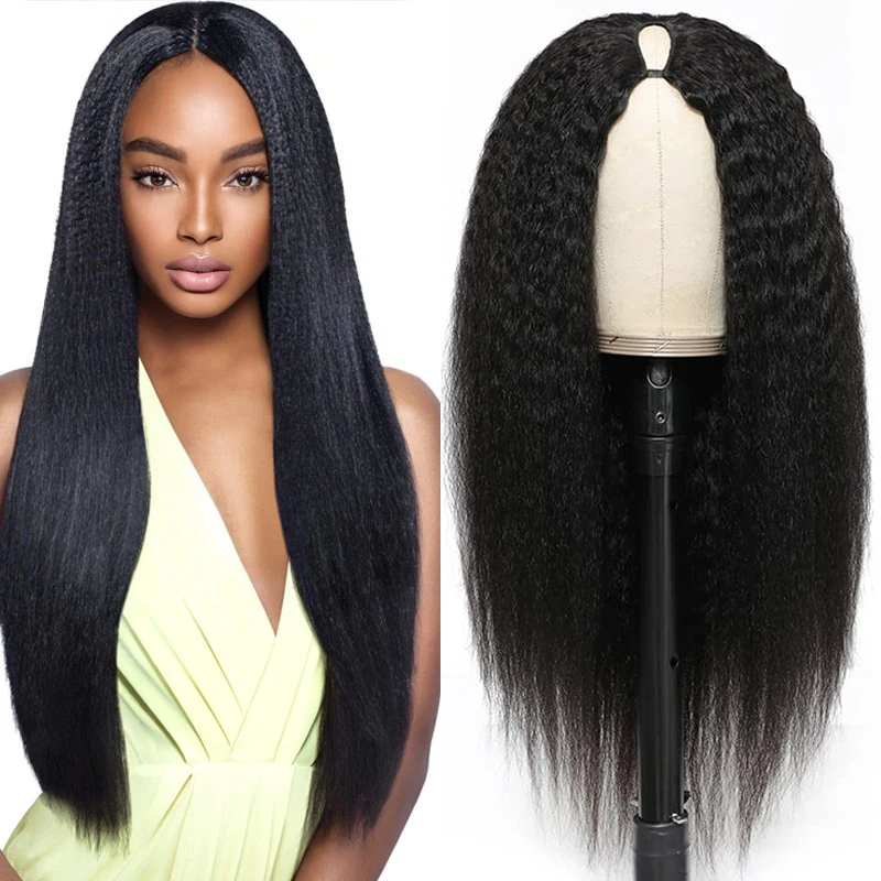 

V U Part Wig Human Hair Kinky Straight No Leave Out Glueless Brazilian Wig Yaki Straight Remy Hair Wigs For Women 180% Density