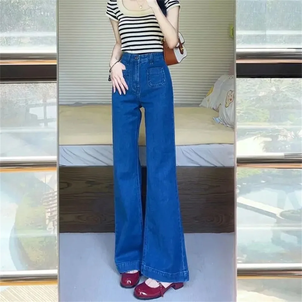 High Street American Blue Slim Fit Versatile Elastic Micro Flare Jeans For Women Style High Waisted And Slim, Niche Wide Leg Pan