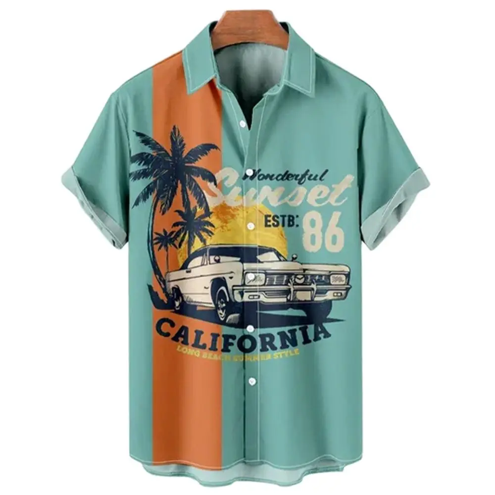 Hawaiian Style Vintage Car Print Summer Men\'s Shirts Casual Oversized Short Sleeve Fashion Single-Breasted Blouses Lapel Shirts