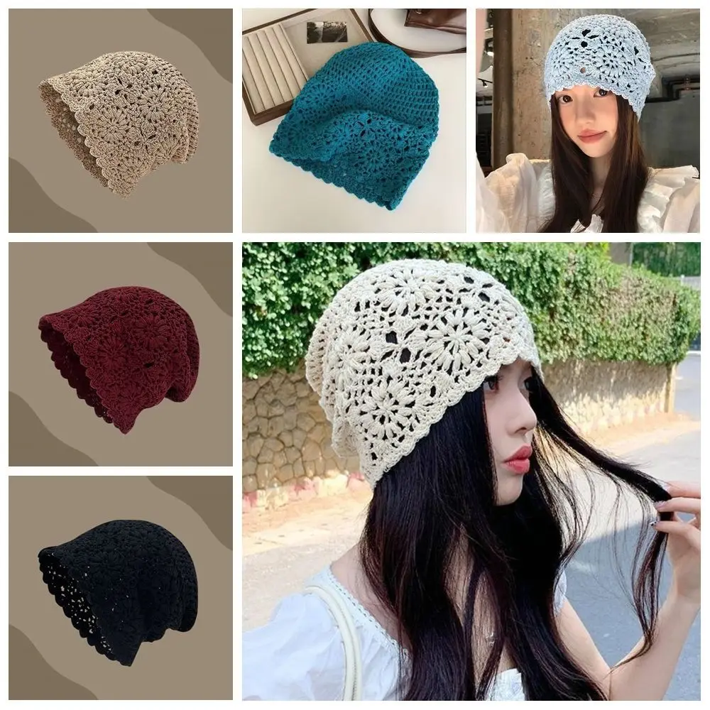 

Bohemian Style Crochet Flower Knitted Hat Handmade Thin Hollowed Out Beanie Cap Apparel Accessories Korean Lace Woven Cap Casual