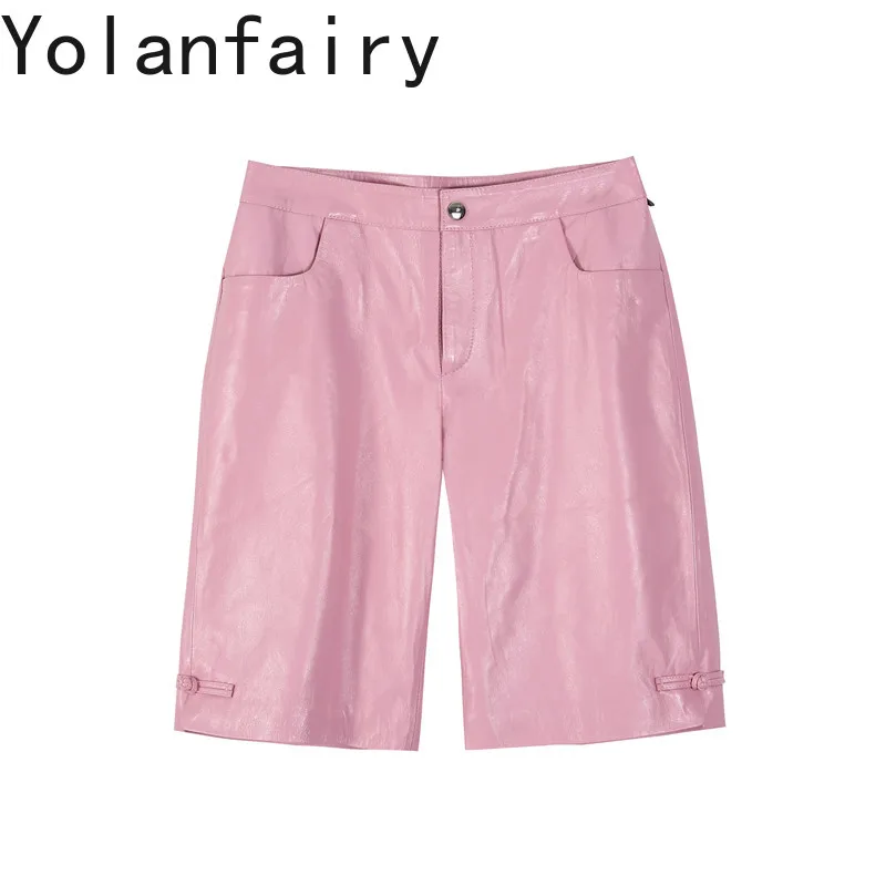 

YOLANFAIRY Women Genuine Sheepskin Leather Five Point Pants 2026 Autumn Pink Straight Leg Leather Trousers Casual Capri Pants
