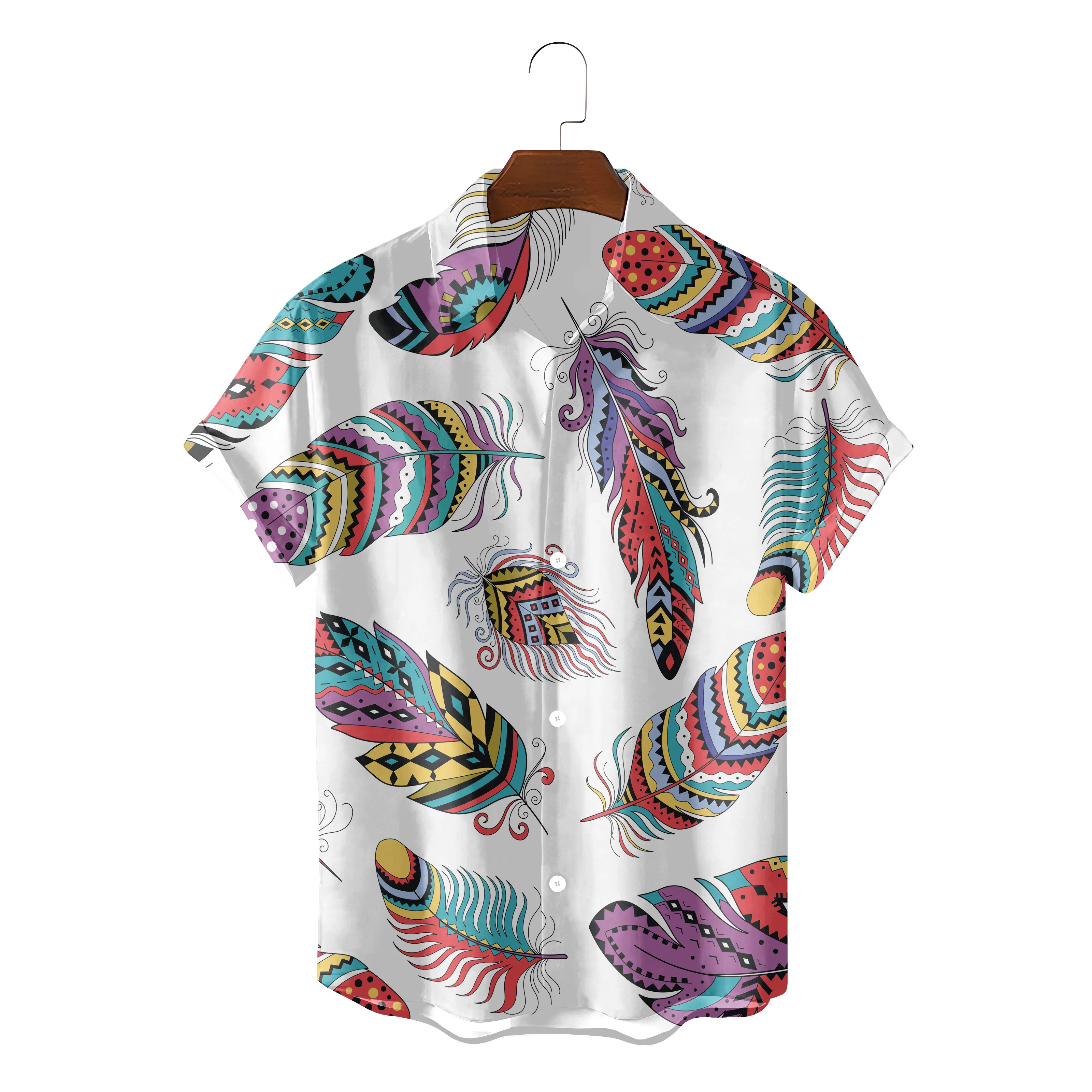 

2024 Summer Hawaiian Shirt 3D T-shirt Retro Shirt Feathers Element Pattern Short Sleeve Man Camisa Vacation Casual Man T-shirt B