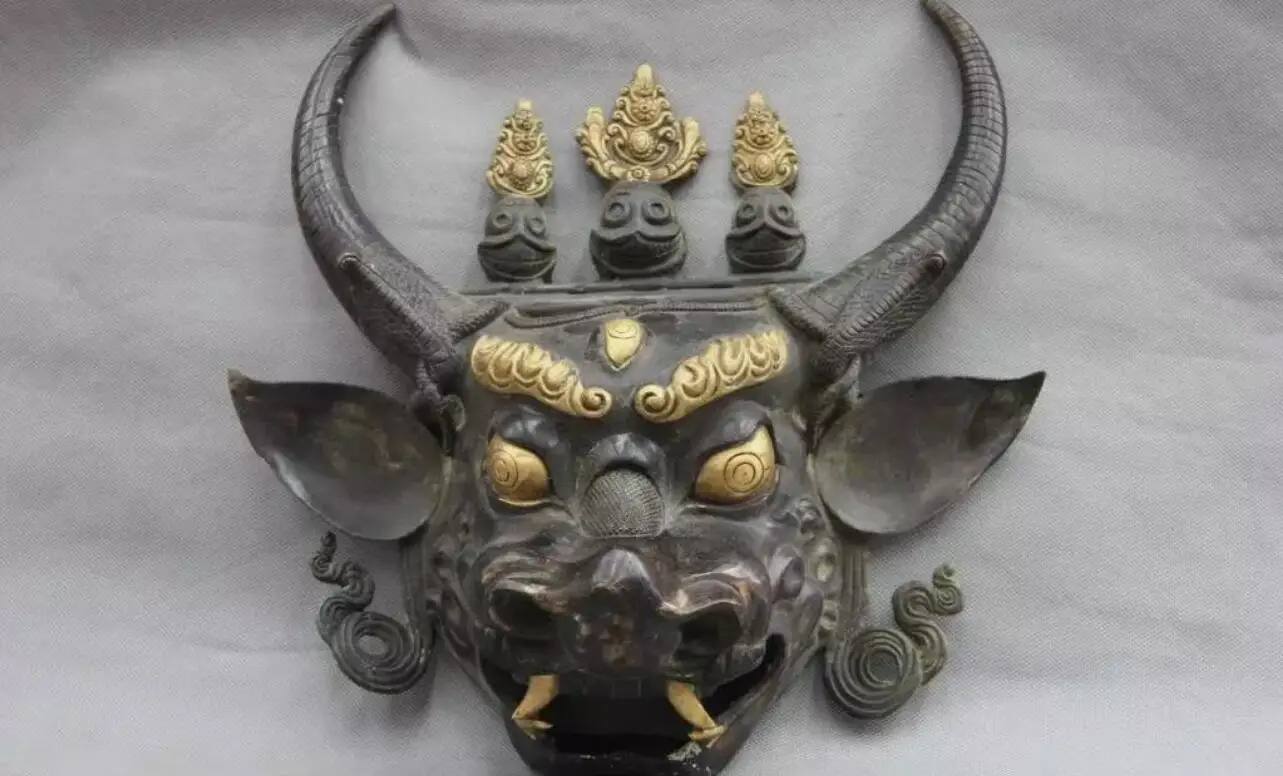 14 Bronze Copper Gilt Yamantaka Head Mask Hayagriva Buddha Face Bull Ox Statue