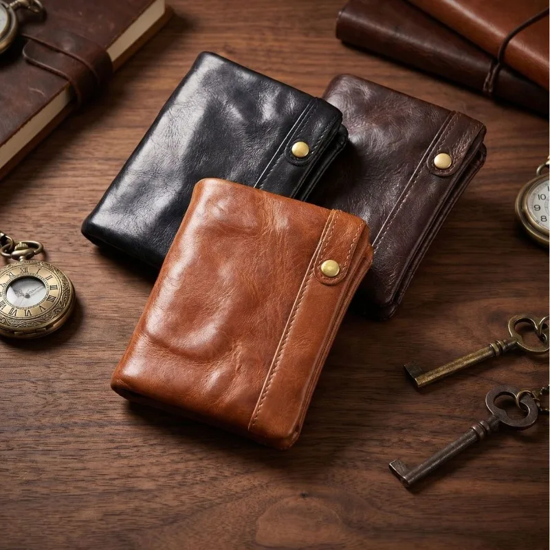 Personalized Genuine Leather Short Wallet  Vintage Vegetable Tanned Cowhide Card Case Minimalist Large Capacity Multi-Slot Purse