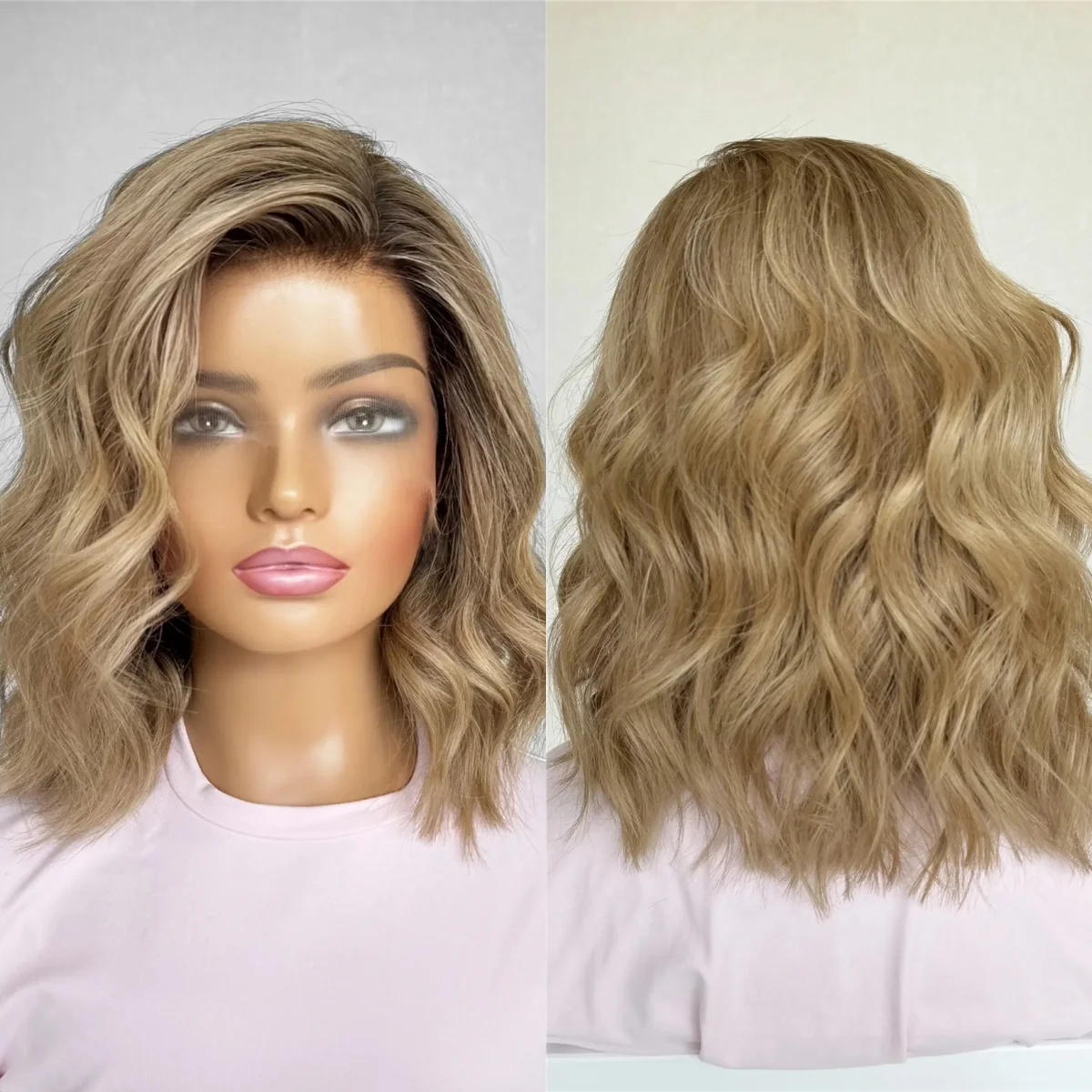 

Парик из натурального синтетического волокна с эффектом омбре, золотисто-русый, с небольшими волнистыми прядями, темными корнями, короткий, волнистый, высококачественный, с маленькой шапочкой, устойчивый к высоким температурам.