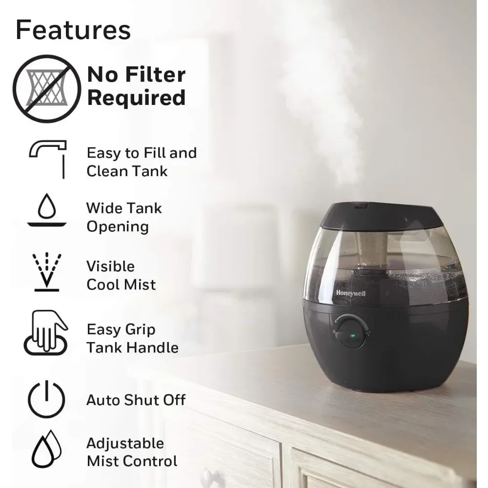 مرطب رذاذ بارد باللون الأسود مع خزان سهل التعبئة والإغلاق التلقائي، للغرفة الصغيرة، وغرفة النوم، وغرفة الأطفال، والمكتب