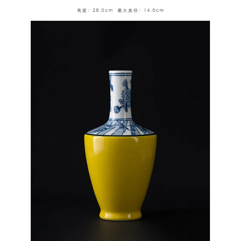 Exclusive Qianlong yellow-ground blue-and-white porcelain vase with folded shoulders, a luxurious home decoration piece