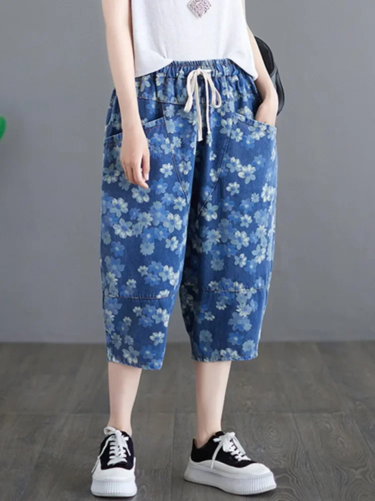 High Waist Calf-length Denim Pants Women New Arrival 2024 Summer Vintage Style Floral Print All-match Female Casual Jeans Z562