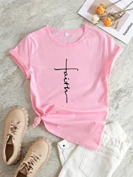 Faith Print V-Neck T-Shirt, Casual Every Day Short Sleeve T-Shirt, Women's Clothing