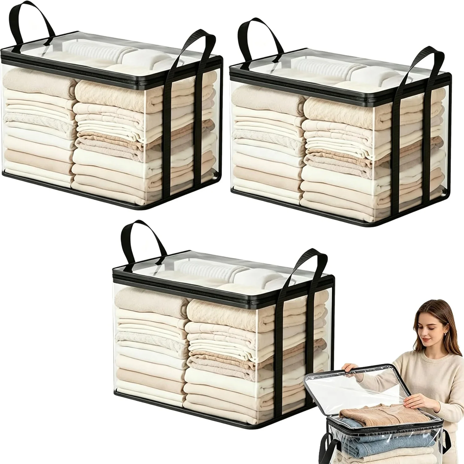 Image of 3-teilige Faltbare Kleidungsaufbewahrungstaschen, Robuste Dicke Plastik-Spielzeugaufbewahrungsbox für Decken, Schlafzimmer- und Kleiderschrank-Organisation