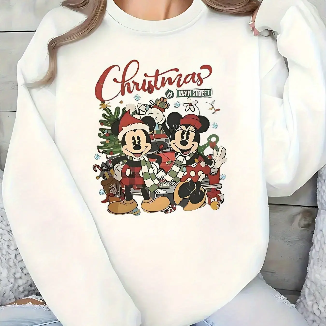 Disney Mickey Mouse Weihnachtspullover für Damen, modisch, übergroß, Unisex, Rundhalspullover, Herbst und Winter, Fleece, lässig