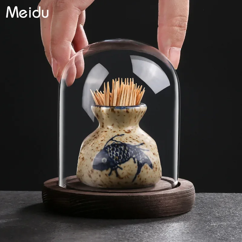 

Toothpick Box Ceramic Japanese Retro Toothpick Canister Creative Household Floss Swab Storage Box