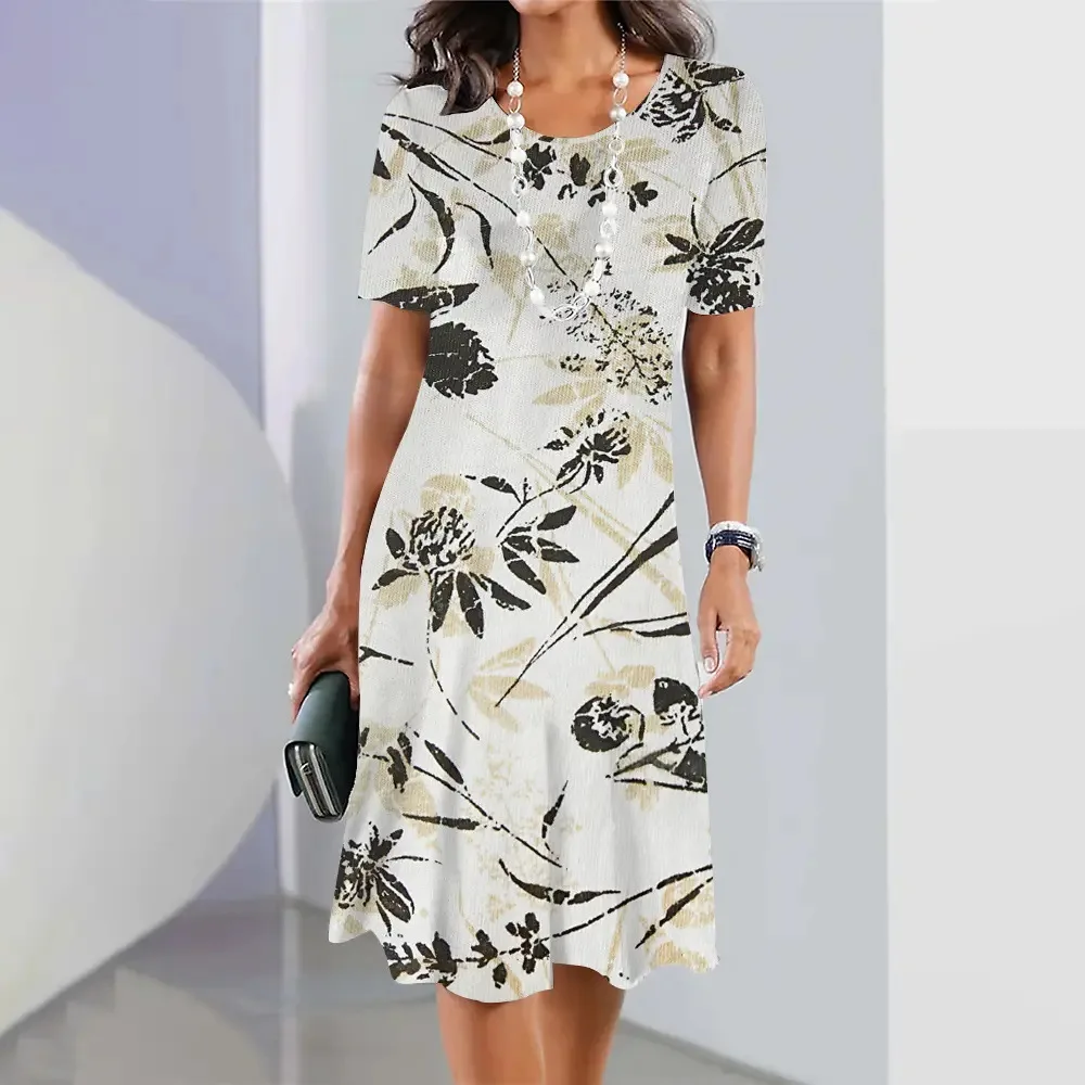 Women's T-shirt Dress Fashionable Flower Print Round Neck Short Sleeved Beach Cover Knee Length Dress Female  Vestidos Elegantes