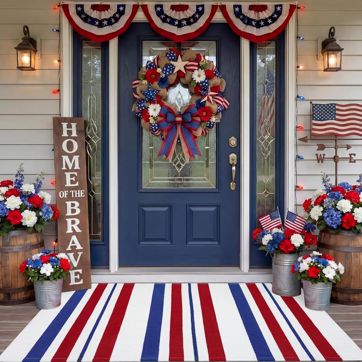 VIKAMA American Flag Striped Doormat Patriotic Red Blue White Non-Slip Entrance Mat for Home Porch 4th of July Decor