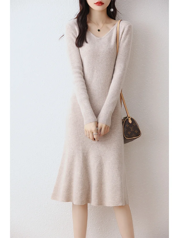 Autumn/Winter V-neck Mid Length 100%Wool Dress Women Slim Fit Knitted Bottom Fishtail Skirt Versatile Over the knee Long Sweater