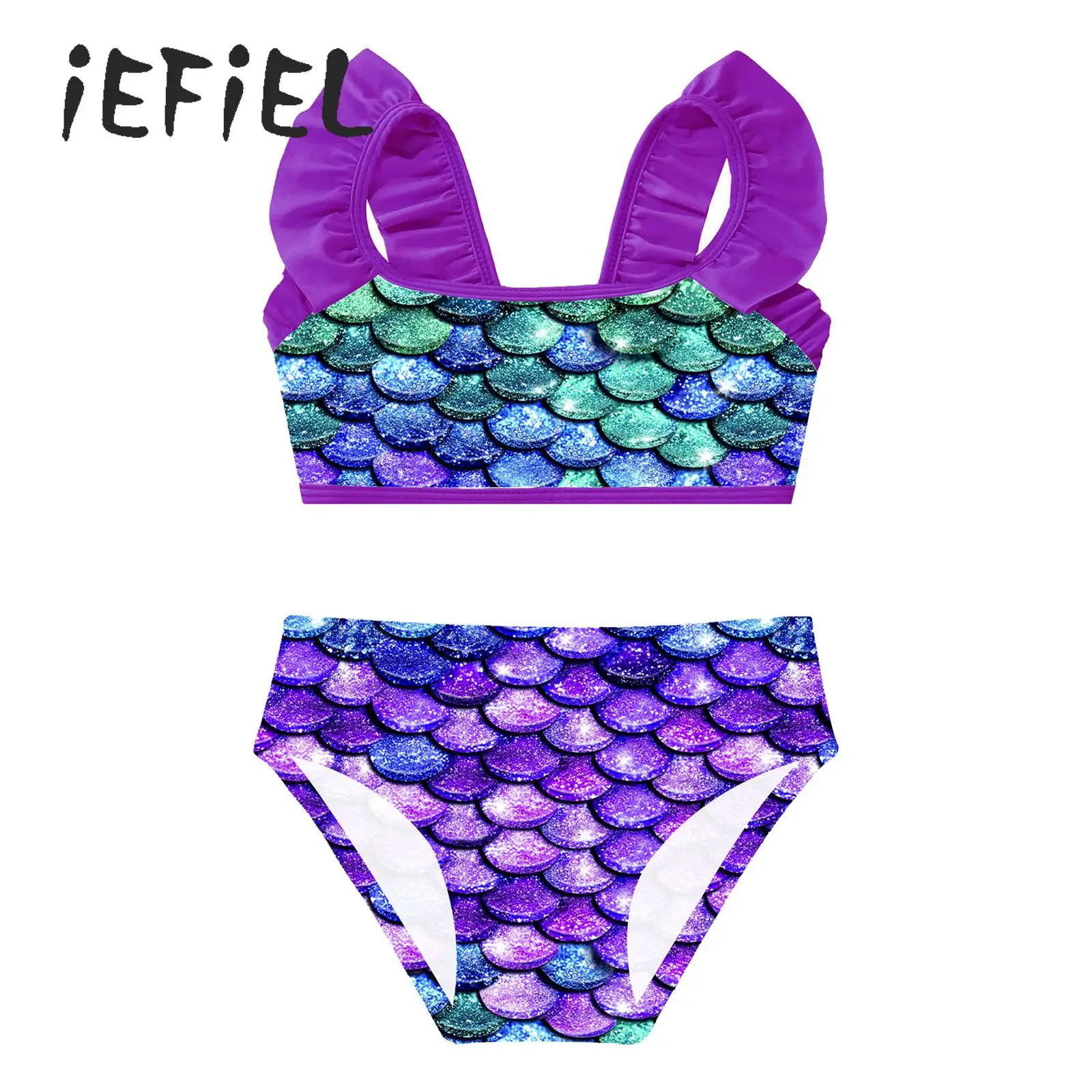 

Cute Girls Bikini Set Mermaid Swimwear Two Piece Ruffled Shoulder Straps Crop Tops and Briefs Tankini Swimsuit Bathing Suit