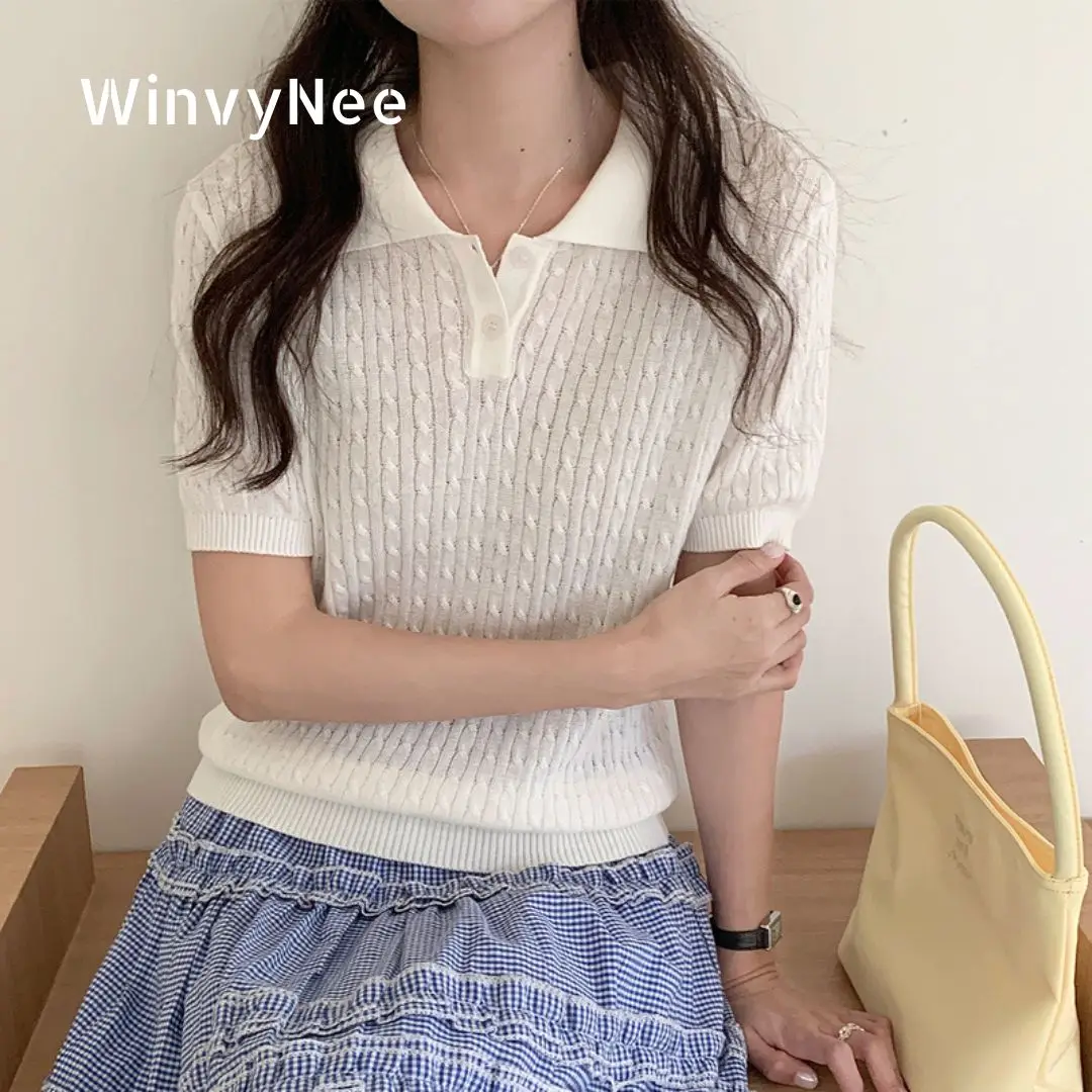 

WinvyNee Women's Cotton T-shirts Summer Short Sleeve White Solid Tops Y2k Polo Casual Pullovers Clothing Basic Tops A1522075