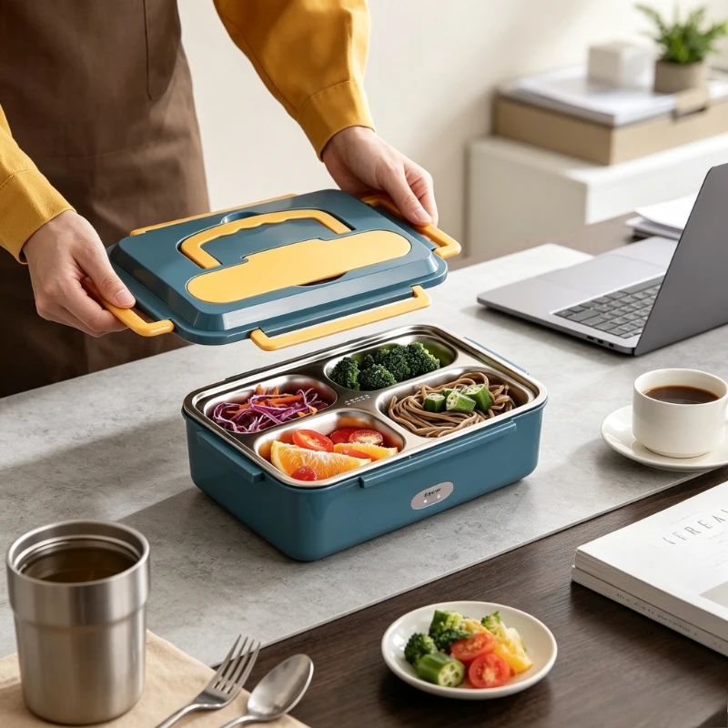 12V 24V 220V Heated Lunch Box 4 Compartment Electric Food Warmer Waterless for Car Truck Office Home with Utensils 전기 도시락