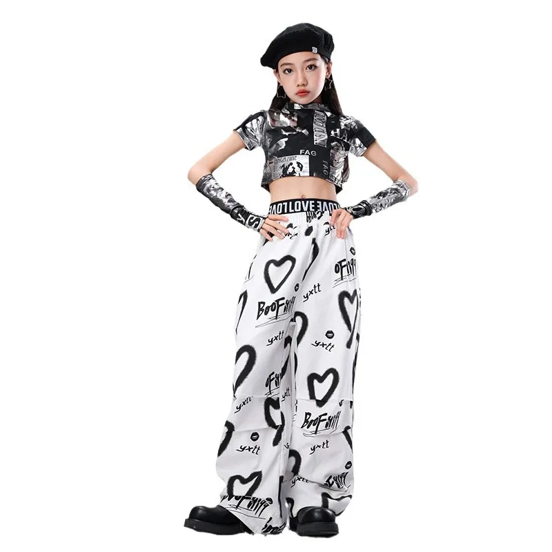 Hip Hop Kinder Cool Crop Top Street Dance Liebe Hosen Mädchen Streetwear Kinder Jazz Cheerleader Kostüme Teenager Bühne Kleidung Sets