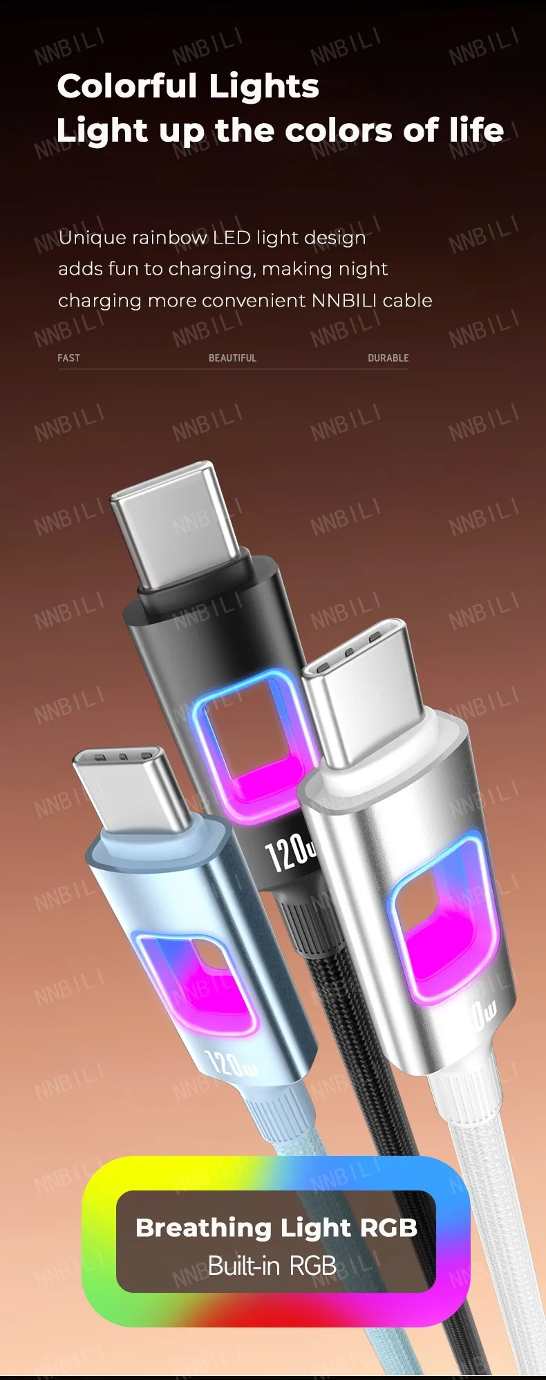 NNBILI Dual Type C 120W USB A to Type C Fast Charging Data Cord Type-C Quick Charging for Huawei MacBook iPad iPhone 18 17 Honor
