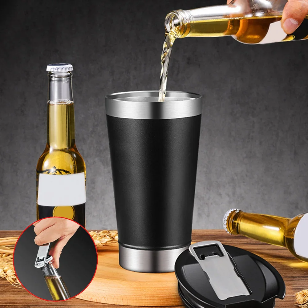 473ml Beer Mug Thermal Cup With Bottle Opener Hot Cold Beer Mug 304 Stainless Steel Thermos Travel Vacuum Flask Insulated Cup