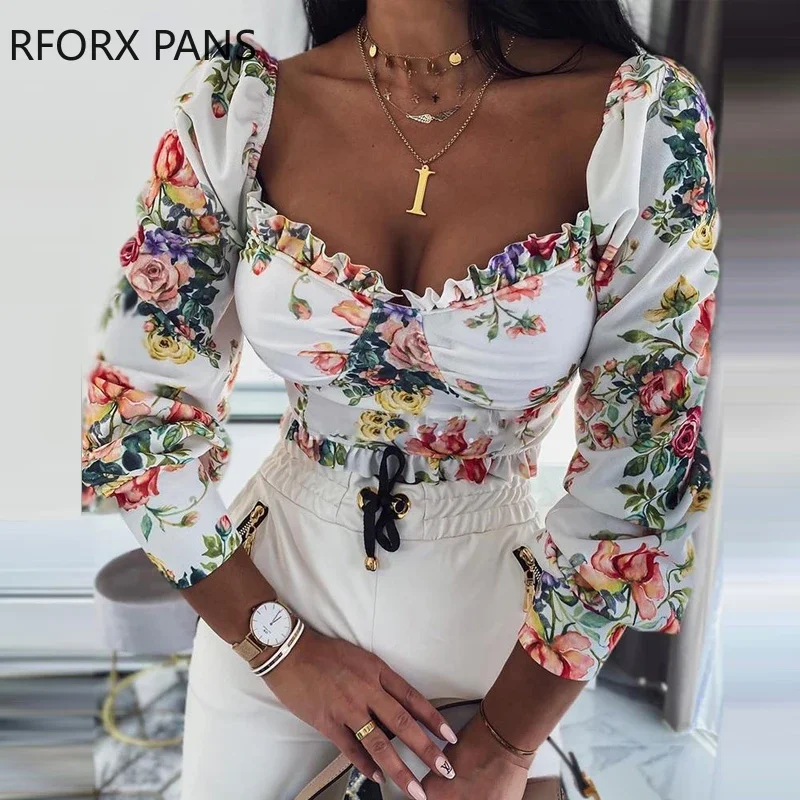 Long Sleeve Square Neck Floral Print Top Women  Plus Size Tops Spring  Tops and Blouses