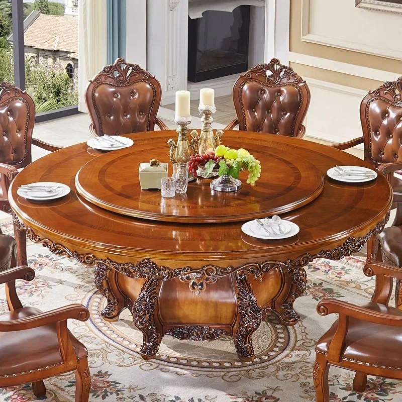European round American solid wood carved marble dining  villa electric carousel hot pot table large round