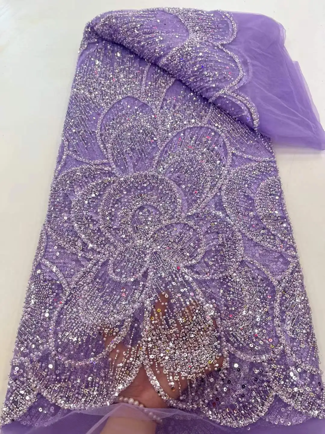 

African Sequins Lace Fabric High Quality French Heavy Beaded Heavy Lace Fabric Nigeria For Bridal Party Dress