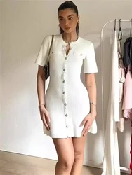 White Knit Mini Dress For Women Fashion Short Sleeve Patchwork Pocket Loose Elegant Dress Women's Knitwear Mini Dress 2024