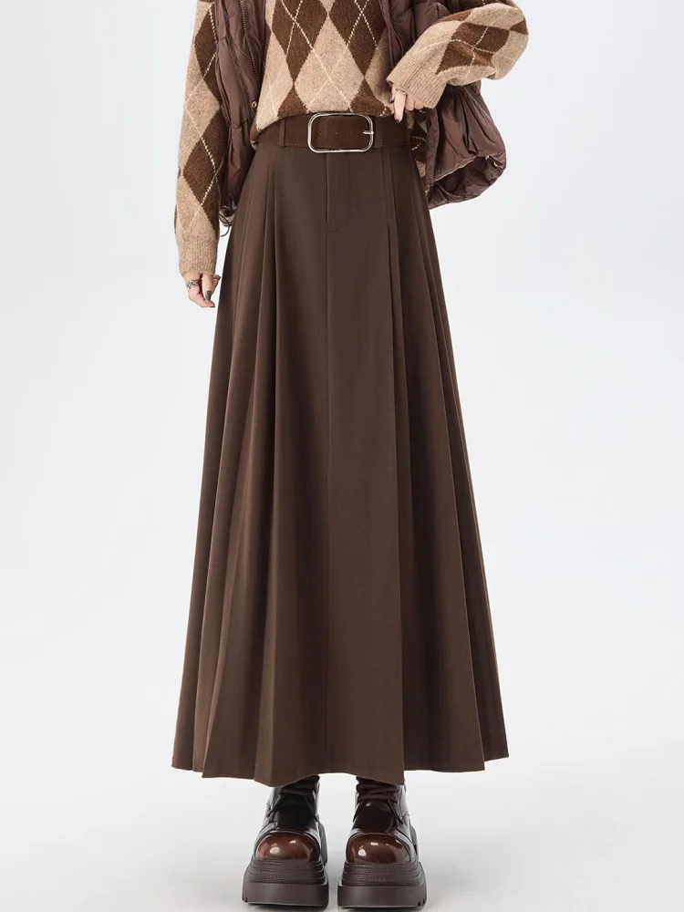 Deep ey High Waist A-Line Long Pleated Skirt Draped f-length Korean Sle Commute Friendly Skirt for Ladies