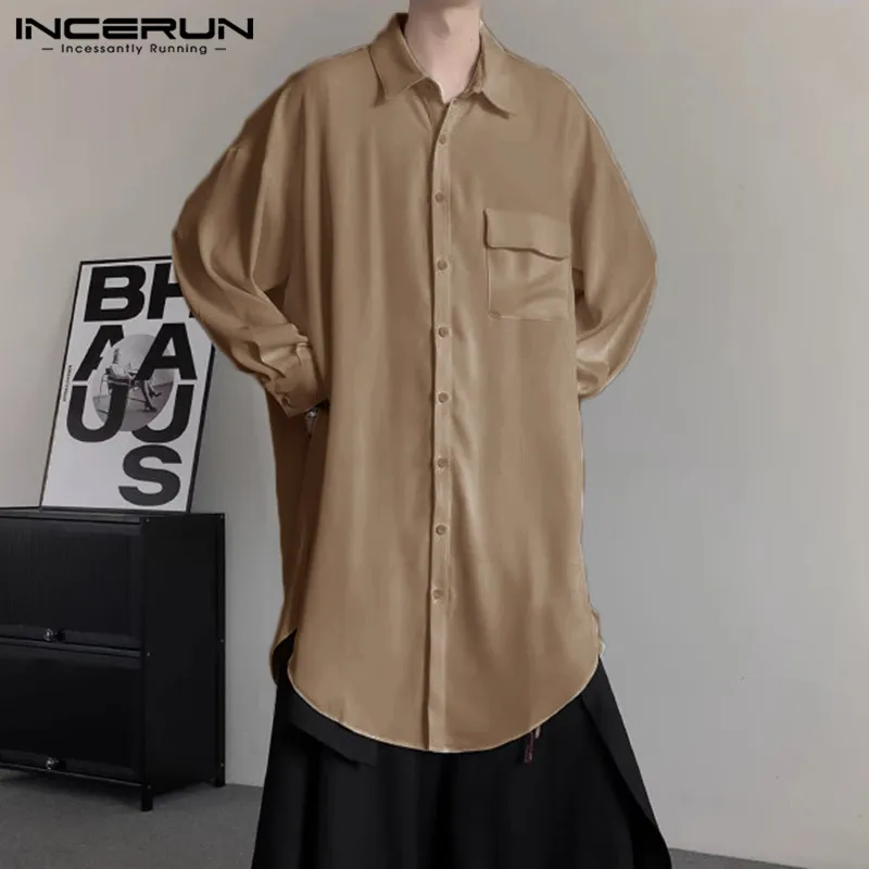 2024 Men Long Style Shirt Solid Color Lapel Long Sleeve Streetwear Fashion Men Clothing Korean Style Casual Shirts S-5XL INCERUN