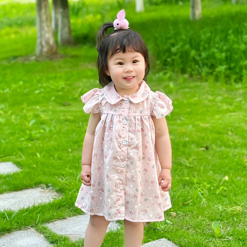 2024 Pink Rabbit Printing Toddler Girl DressTurn Down Collar Kids' Dresses Clothing Flying Sleeves Children Clothes with Button