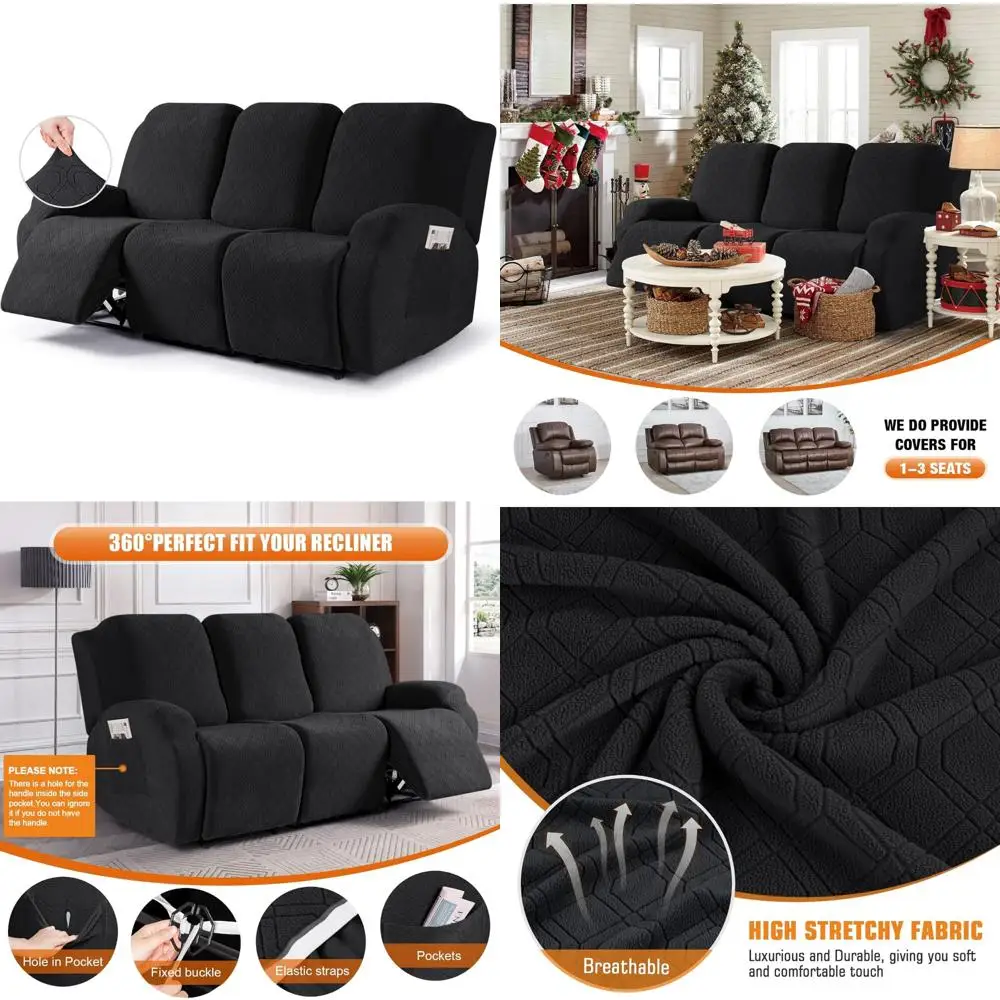 

3-Piece Stretch Reclining Couch Cover Set with Pockets for 3 Seater Reclining Sofa, Soft Washable Fabric, Slipcovers for Comfort