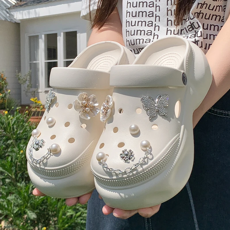 

Women's Chunky Platform Crystal Butterfly Clogs Trend Pearl Chain Wedge Heel Slip On Sandals Girls Summer Casual Beach Shoes 41