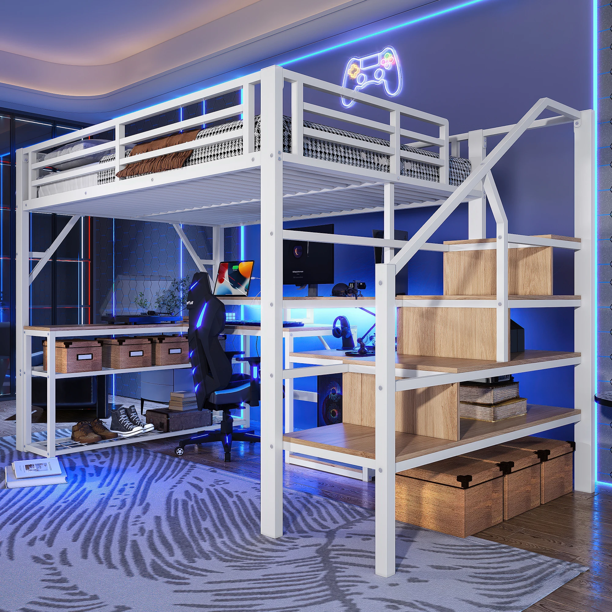 Picture 3: MODFU High Bed 140x200 Gaming bed with desk USB and LED White