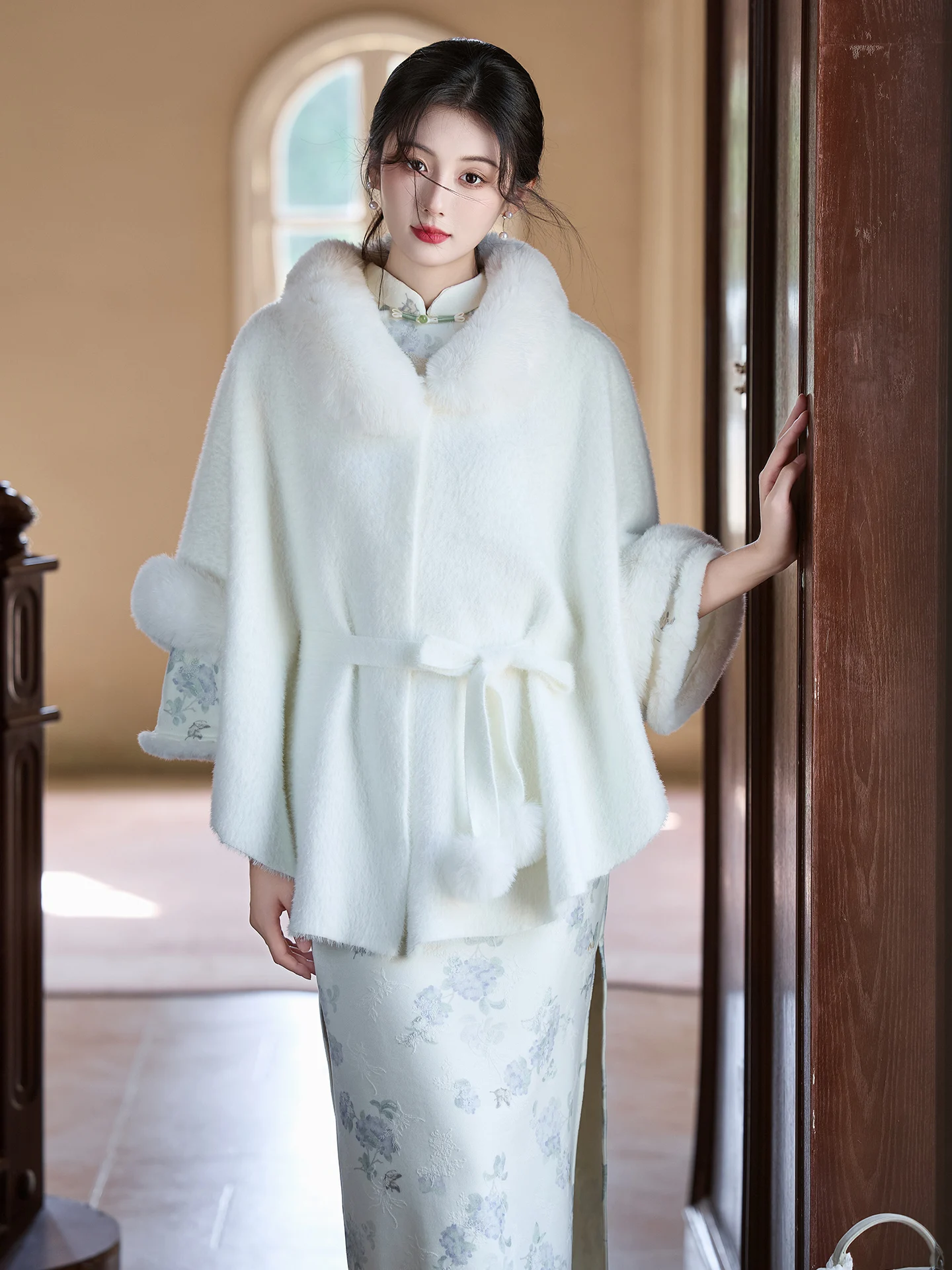 

White awl Outerwear Thiened Fce Winter Wedding Dr Order Ceremony Long Skirt Sle Warm Floral Pattern