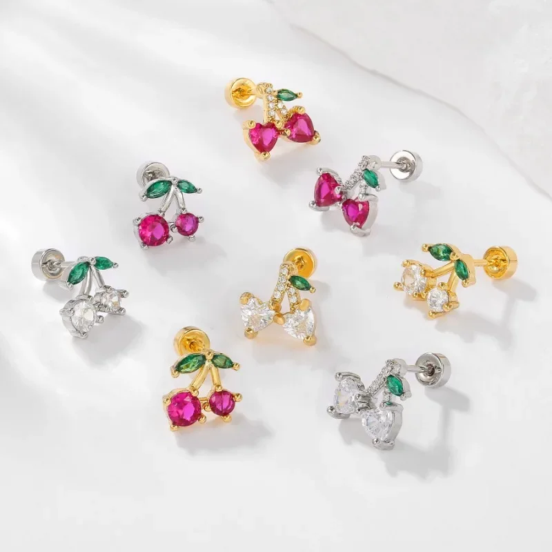 

925 Sterling Silver Charming Zircon Cherry Round Ball Stud Earring for Women Fine Jewelry High Luxury Vintage Accessories