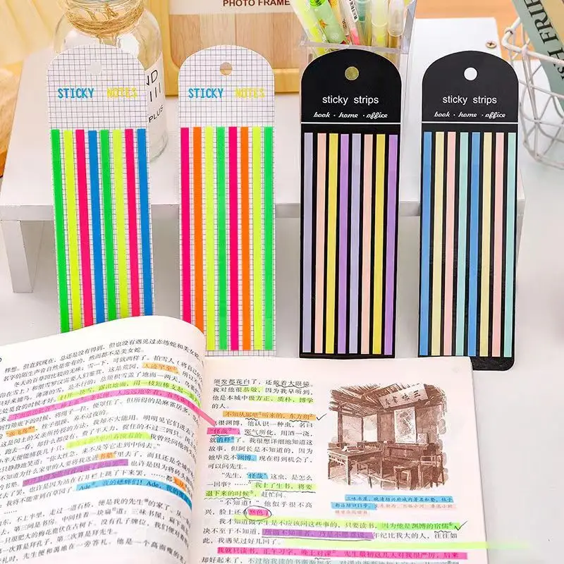 8 set transparan panjang halus stiker Memo Pad lengket tab Morandi Neon jelas catatan tempel estetika Kantor Sekolah perlengkapan