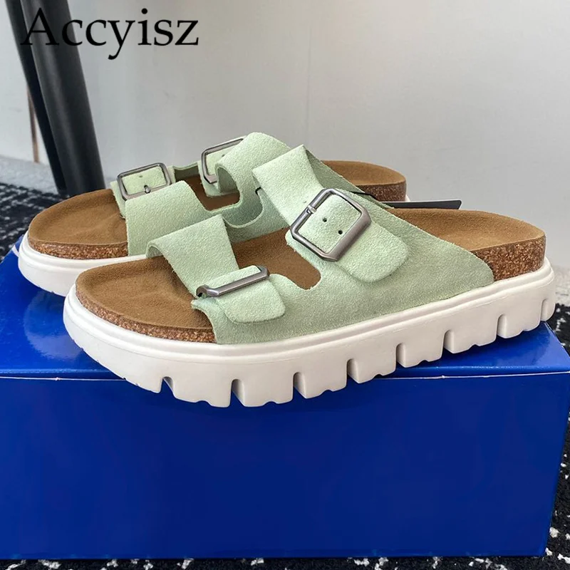 

Non slip frosted suede leather with metal buckle decoration exposed toe thick soled slippers for women's casual flat shoes