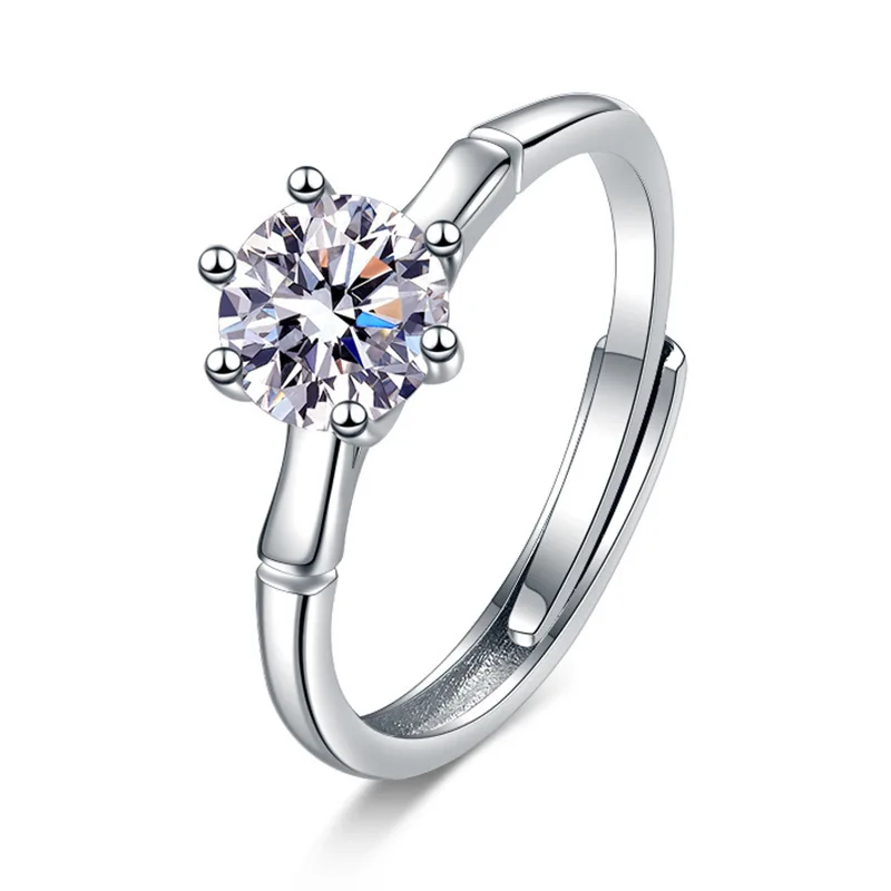 

BR 1CT S925 Sterling Silver Adjustable Ring for Women Simple Bamboo Design Moissanite Ring D VVS1 Exquisite Moissanite Jewelry