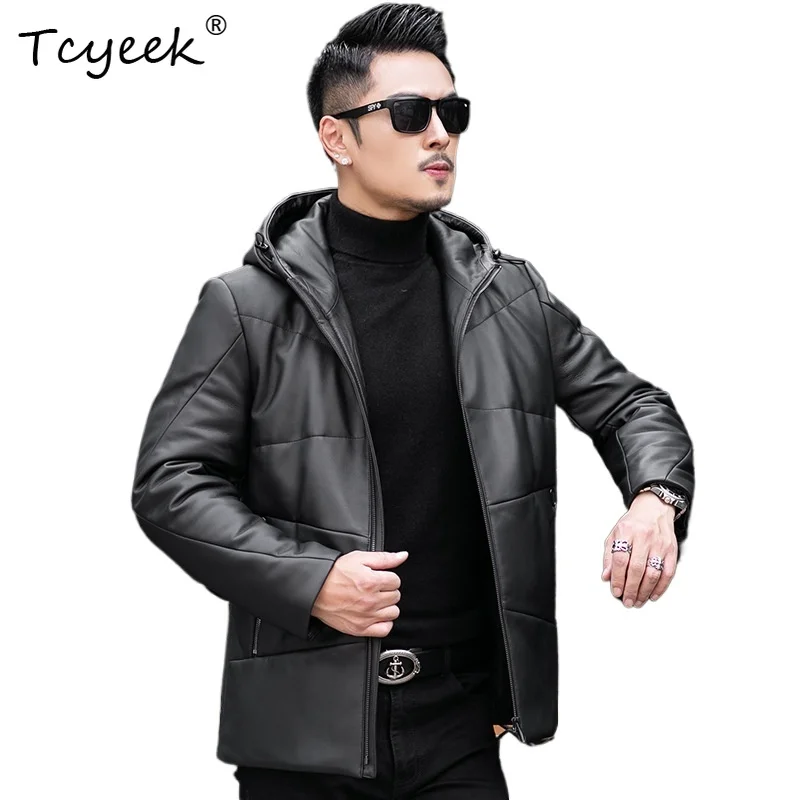 

Tcyeek Real Sheepskin Autumn Winter Lapel Hooded Down Black Short Men's Genuine Leather Jacket Jaqueta De Couro Masculina 가죽자켓