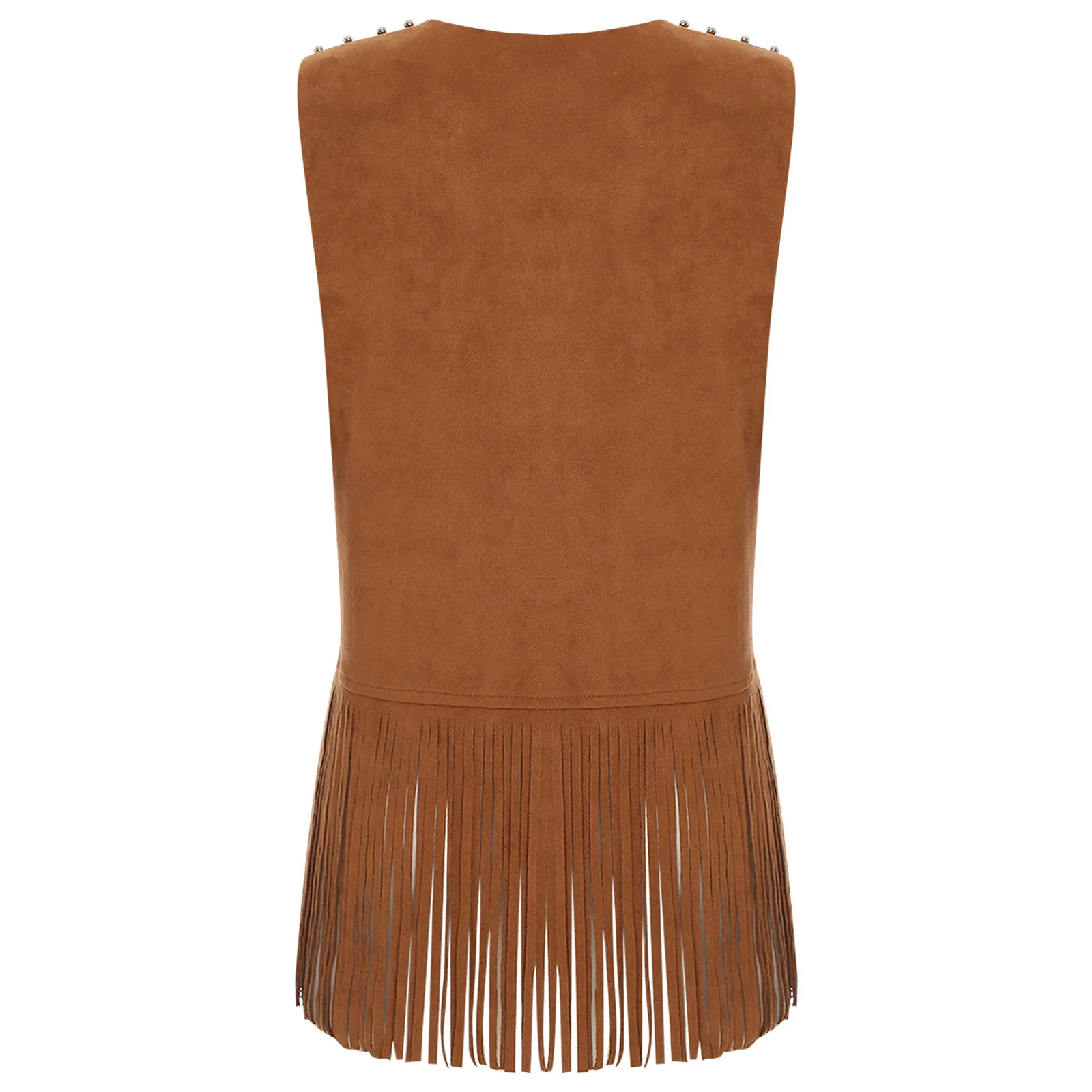 Women Faux Suede Rivets Fringe Waistcoat Western Cowboy Cosplay Costume Tops Loose Sleeveless Tassel Jacket Vest Rave Party Coat