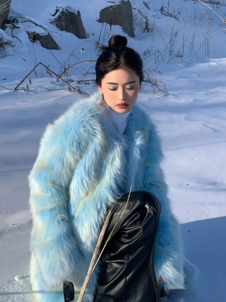 

FANSS Ice Blue Fur Coat Women's Faion Young Sle Winter Outerwear Eco-friendly round Ne Long Sve Mid-Length Coat