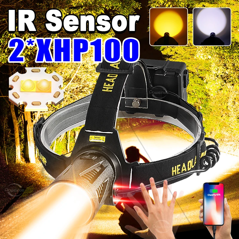 30000000LM Nouveau 2 * XHP100 Phare avant IR capteur rechargeable LED Phare puissant tête lampe de poche zoom lampes de pêche