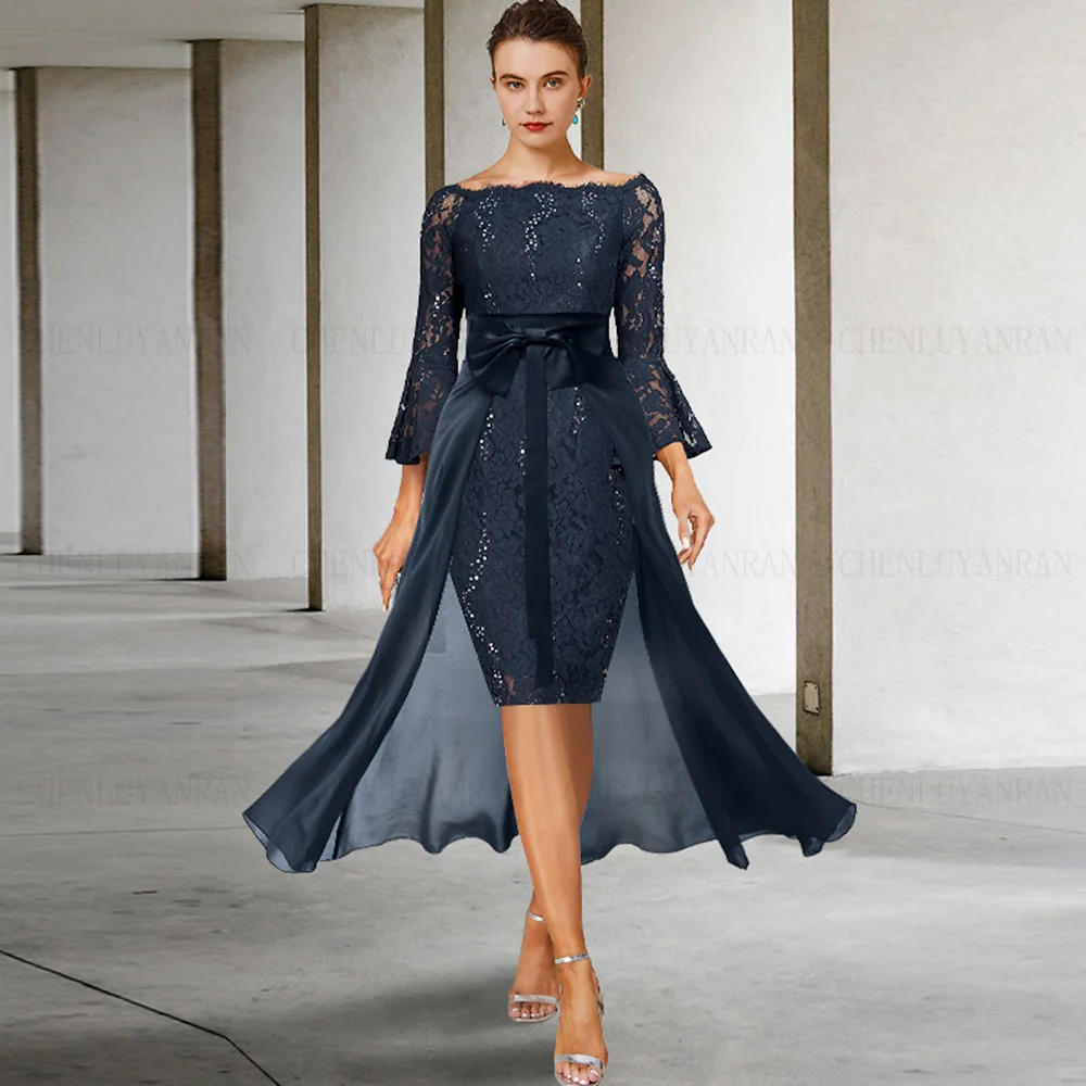 Customized Blue Short Mother Of The Bride Dresses Lace Chiffon Wedding Guest Gowns Long Sleeves Sheath Dress Women Wedding Party