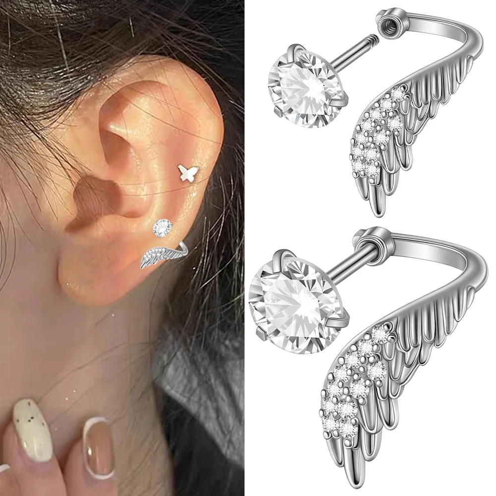 1Pair Stainless Steel Wing Cartilage Earrings Clear Zircon Ear Cartilage Tragus Internal Thread Helix Daith piercing Jewelry 20G