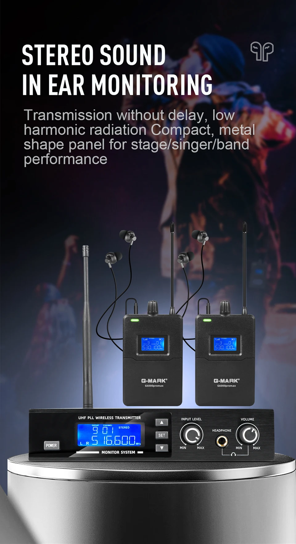 Paulkitson G6000 PRO Drahtloses In-Ear-Monitoring-System IEM Drahtloses Bühnenmonitoring UHF Stereo Zero-Delay Metallgehäuse für Sänger – Detail 1