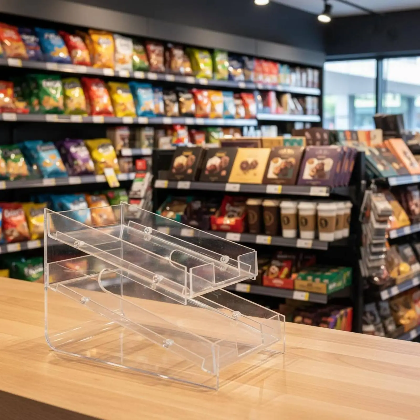 Transparent Acrylic Rack Display Shelf for Snacks Chocolates Coffee Pods Countertop Showcase Box with Sturdy Base