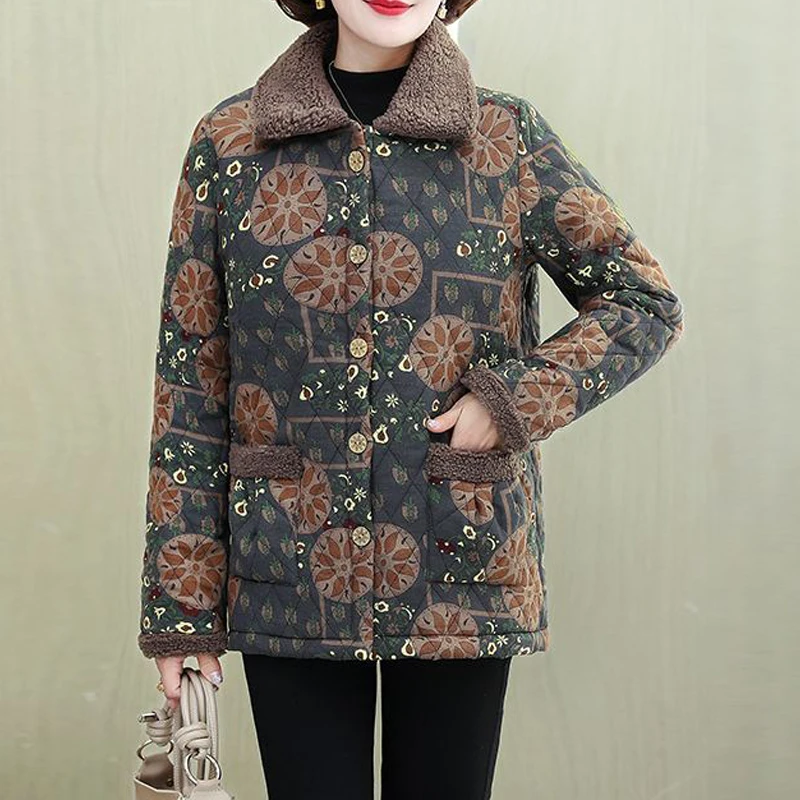 Middle Aged Elderly Women's Clothing Winter Fashion Printed Fleece Thick Warm Coat Casual Long Sleeve Loose Button Cotton Jacket